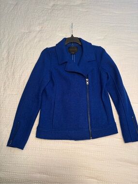Tahari Cobalt Blue Asymmetric Zip Wool-Blend Jacket